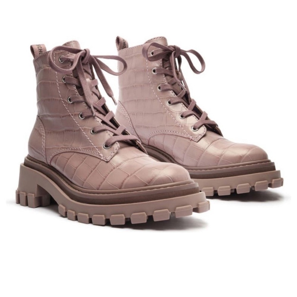 $158 SCHUTZ Orly Boot Lug Sole Combat Boots Croc Embossed Leather Sweet Lila 8